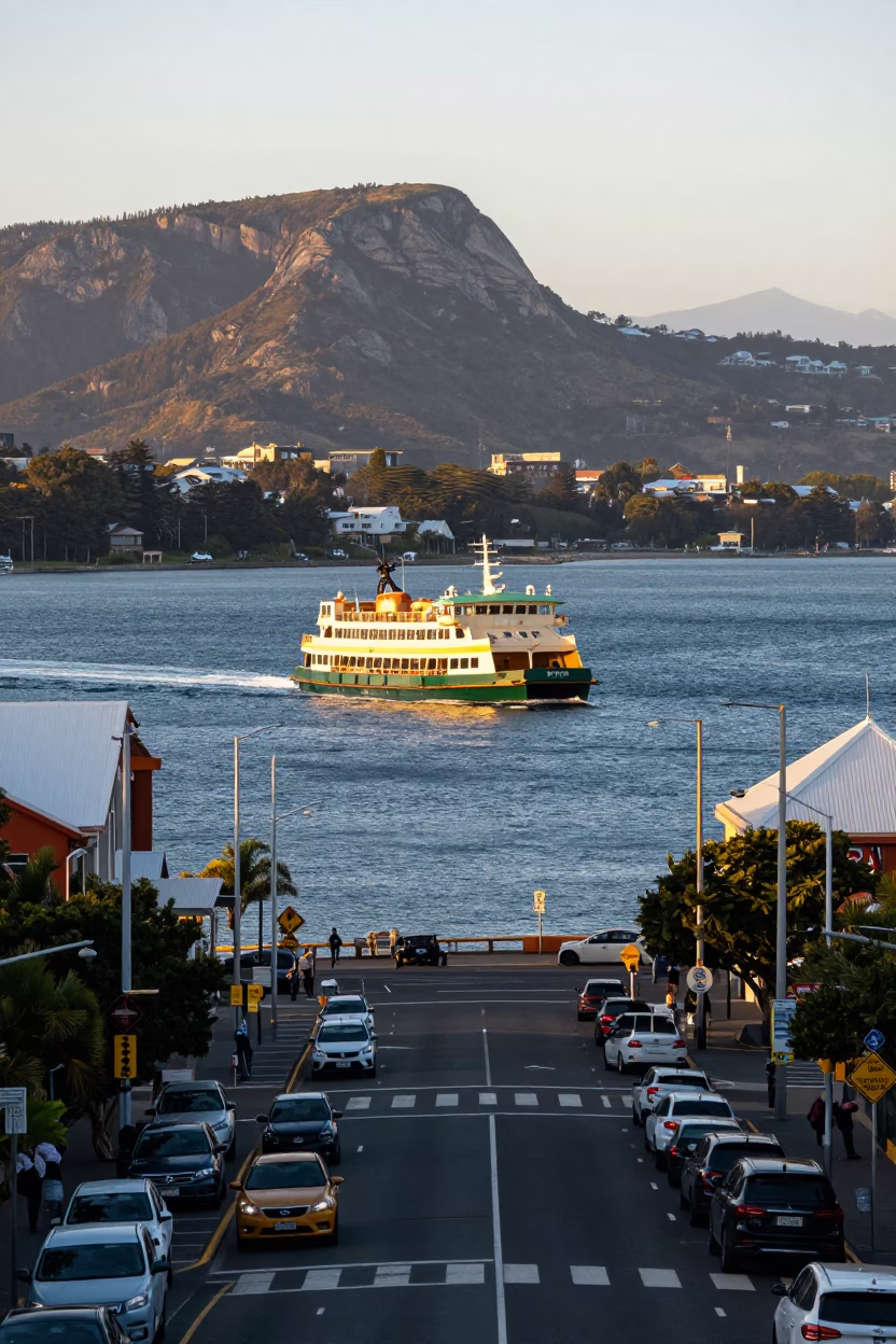 Busy Hobart Street Scene Just After Sunrise with Ferry Leaving Harbor in in Hobart, Tasmania, Australia