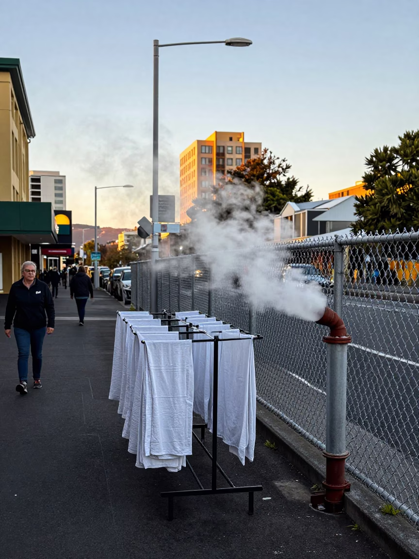 Busy Hobart Street Scene Late Afternoon with Drying Rack and District Heating Pipe in in Hobart, Tasmania, Australia