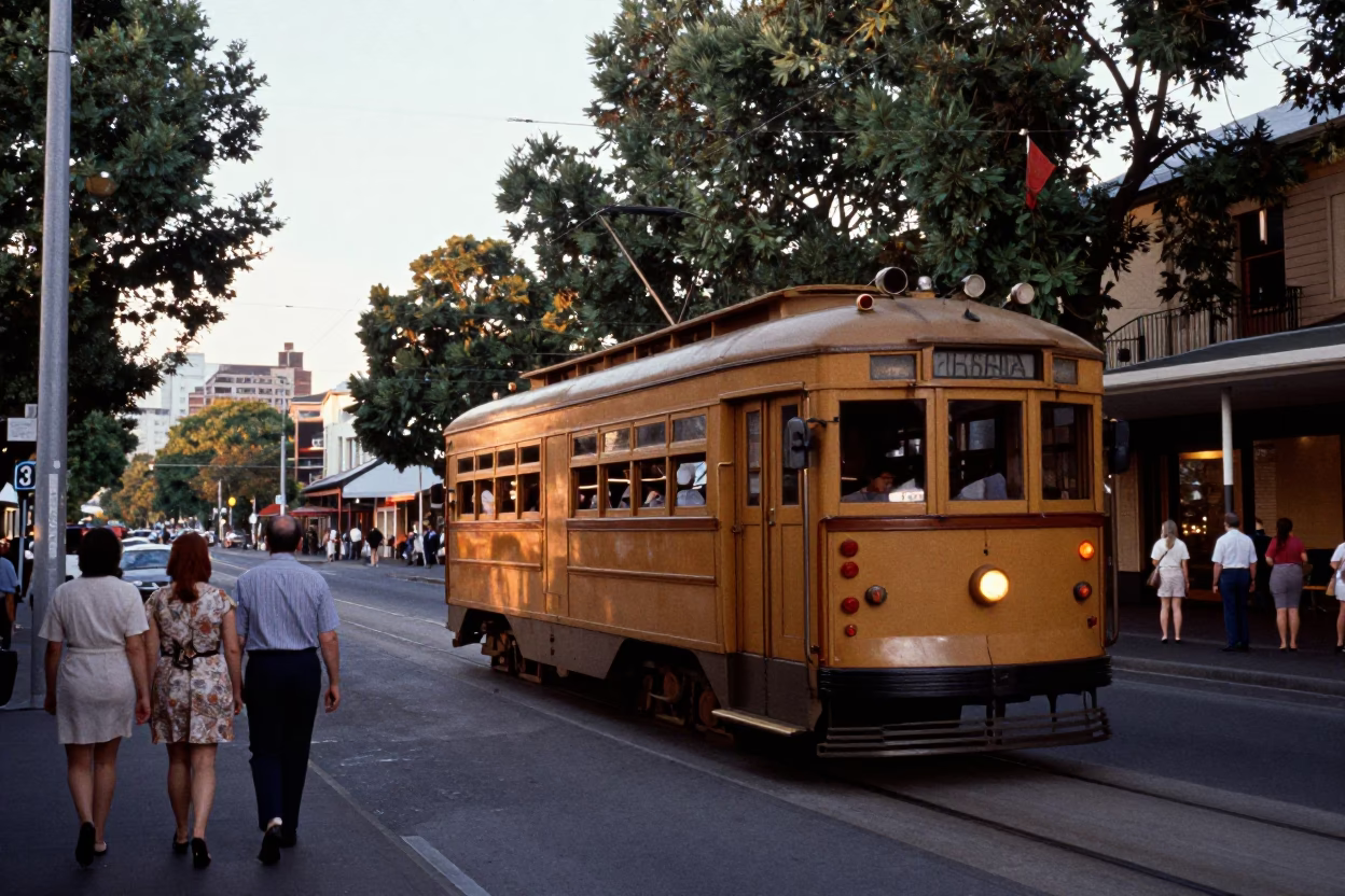 Busy Hobart Street Scene Late Morning 1960s with Tramcar and Pedestrians in in Hobart, Tasmania, Australia