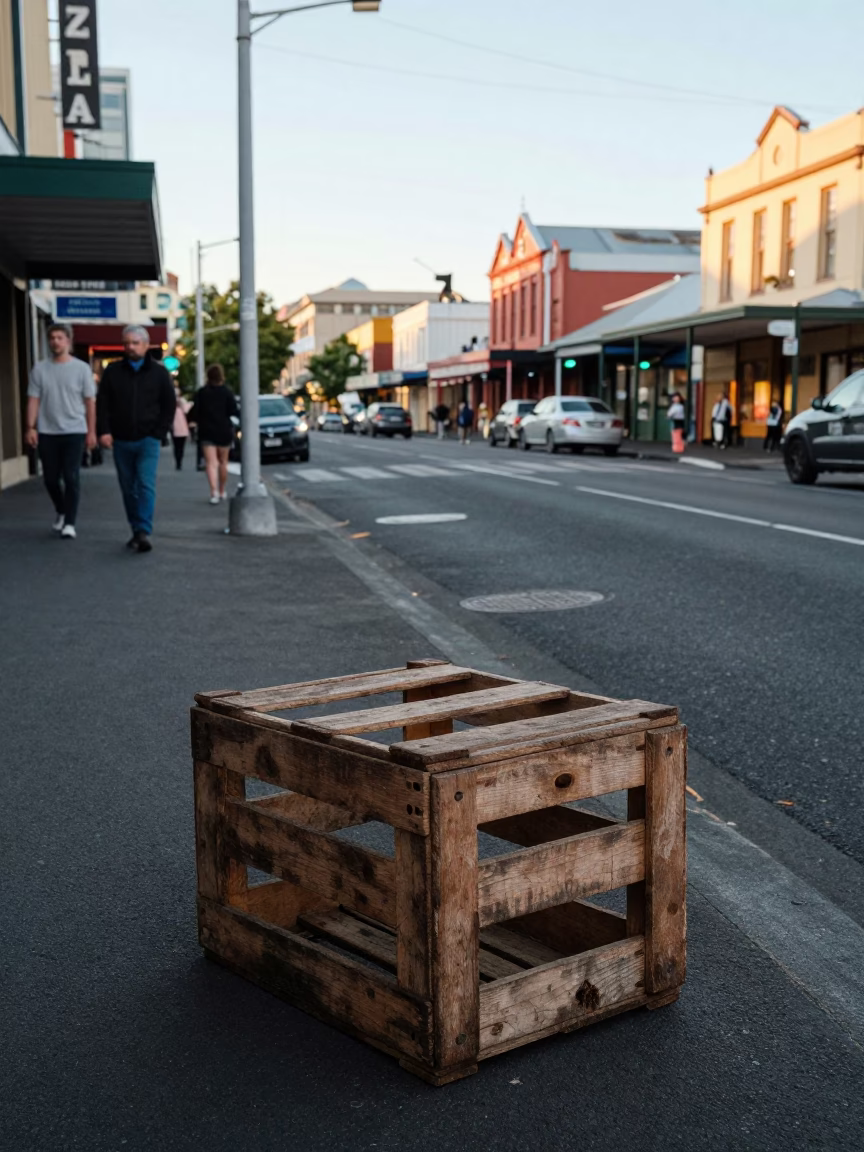 Busy Hobart Street Scene Late Morning 1980s with Wooden Crate and Paperbacks in in Hobart, Tasmania, Australia