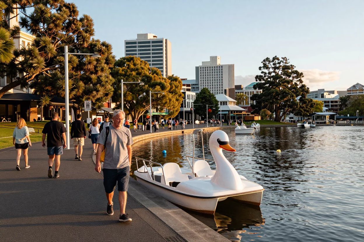 Busy Hobart Street Scene Late Morning with Pedal Boat and Local Activity in in Hobart, Tasmania, Australia