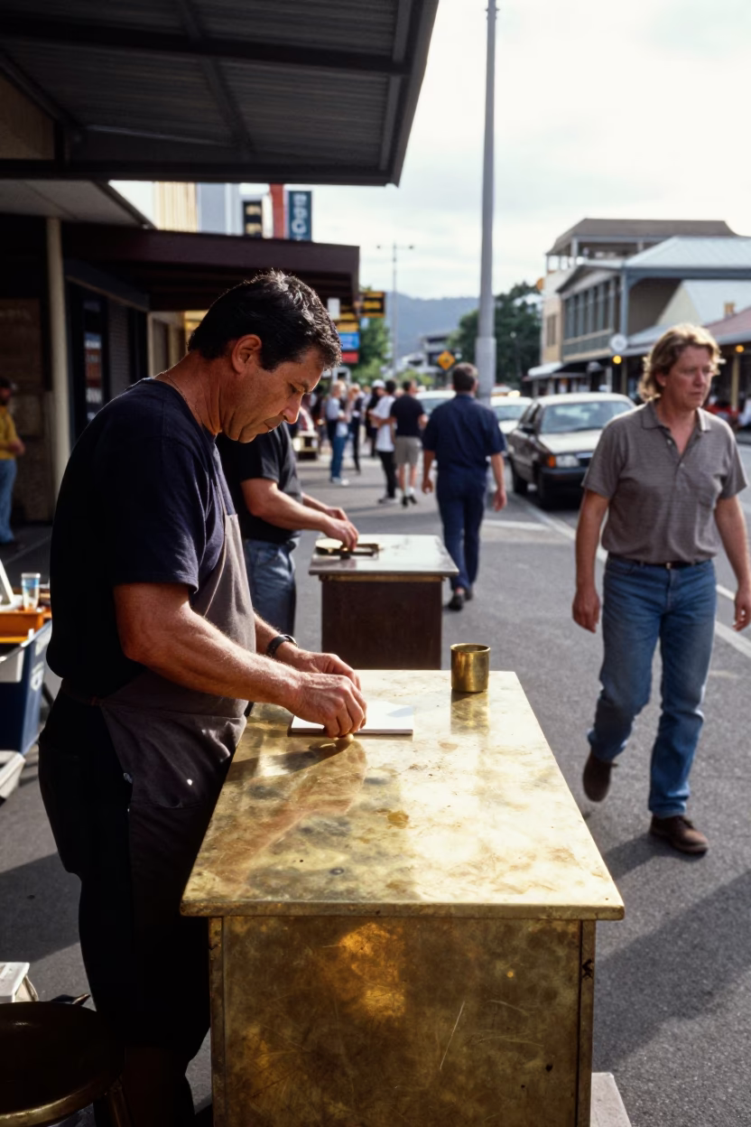 Busy Hobart Street Scene Late Morning with Polished Brass Countertop and Toolbox in Tasmania in in Hobart, Tasmania, Australia