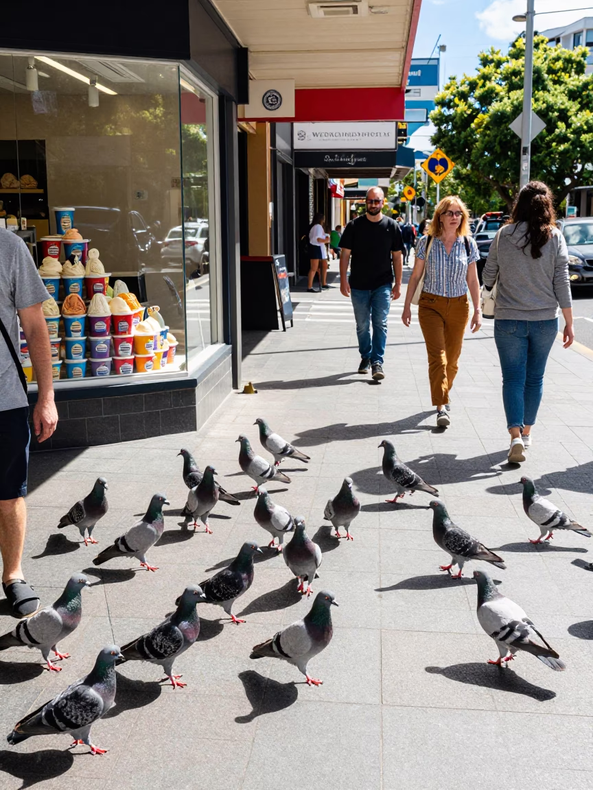Busy Hobart Street Scene Midday with Pigeons and Gelato Display in Tasmania in in Hobart, Tasmania, Australia