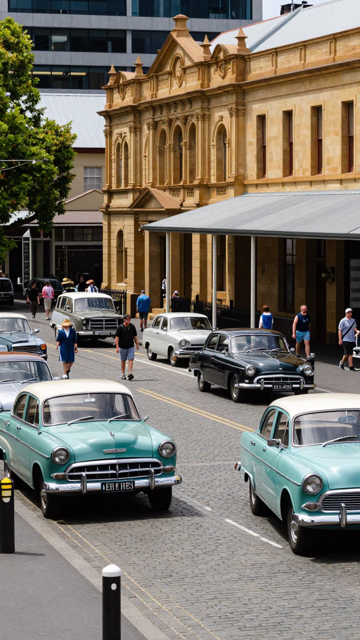 Busy Hobart Street Scene Midday with Vintage 1960s Cars and Pedestrians Near Salamanca Market in in Hobart, Tasmania, Australia