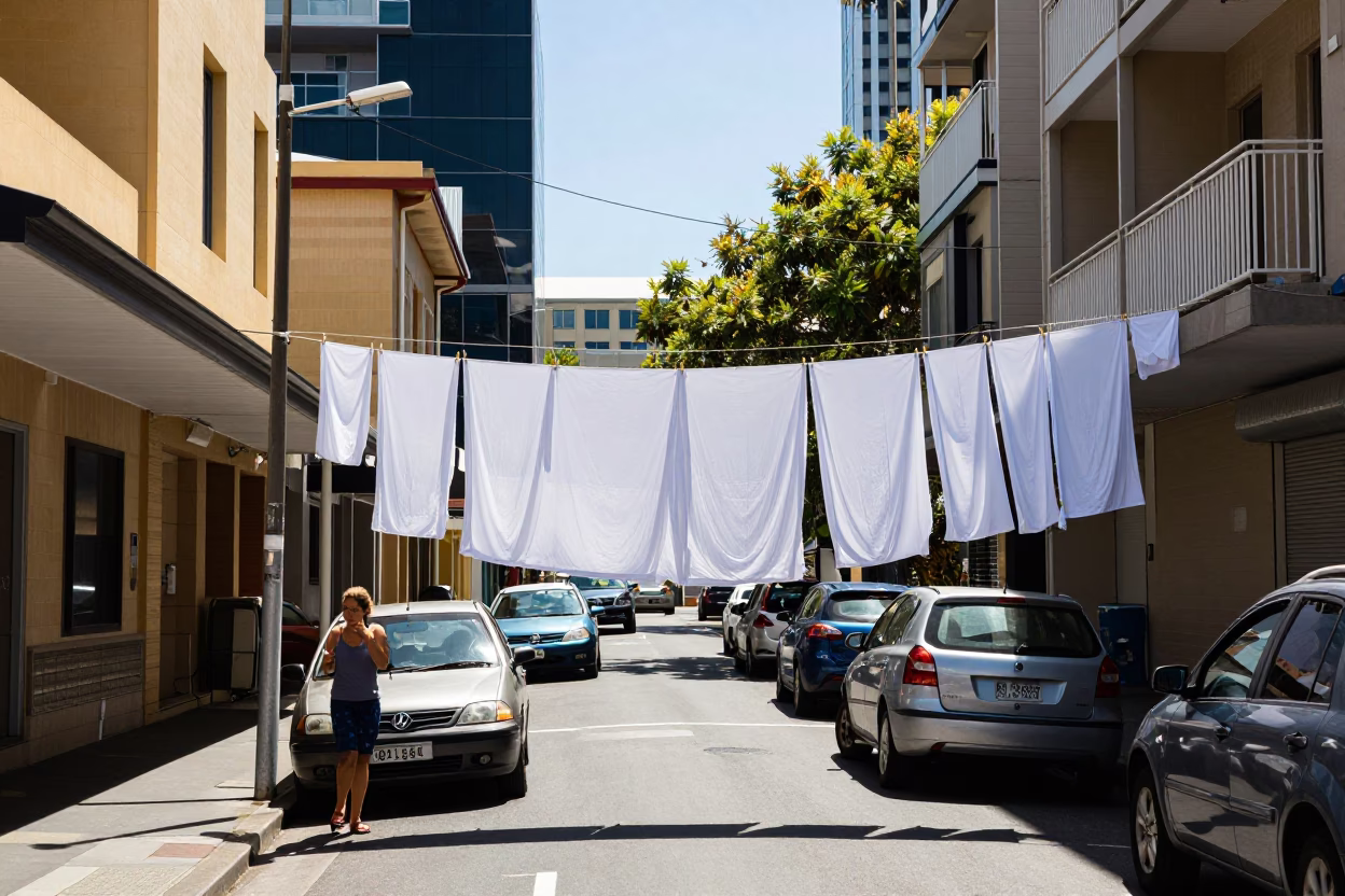 Busy Hobart Street Scene Under Noon Glare with Laundry and Urban Details in in Hobart, Tasmania, Australia