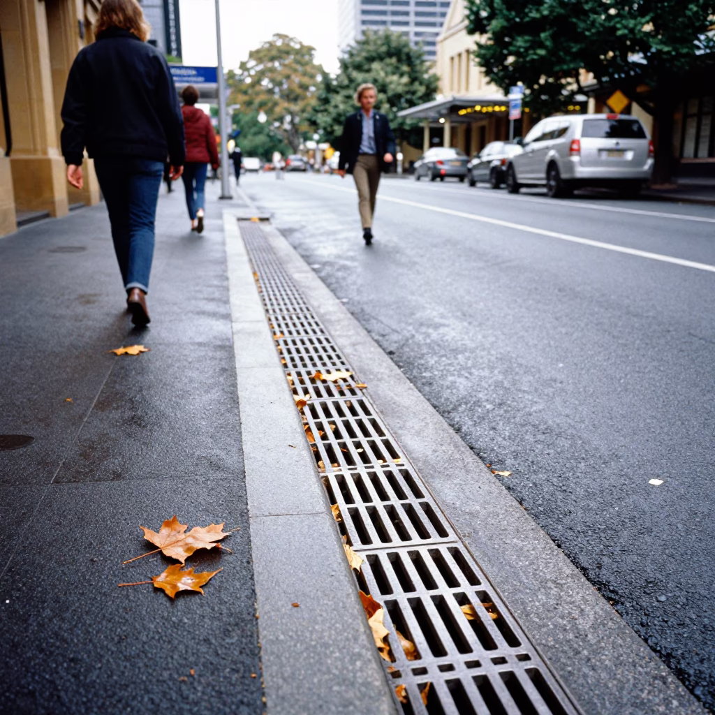 Busy Hobart Street Scene with Brushed Steel Drain and University Arcade Leaves in in Hobart, Tasmania, Australia