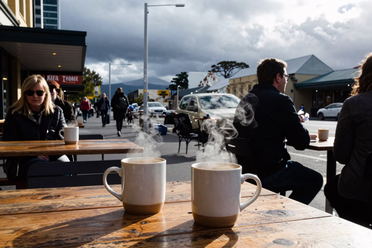 Busy Hobart Street Scene with Coffee Mugs and Storm Surge Barrier in Early Afternoon in in Hobart, Tasmania, Australia