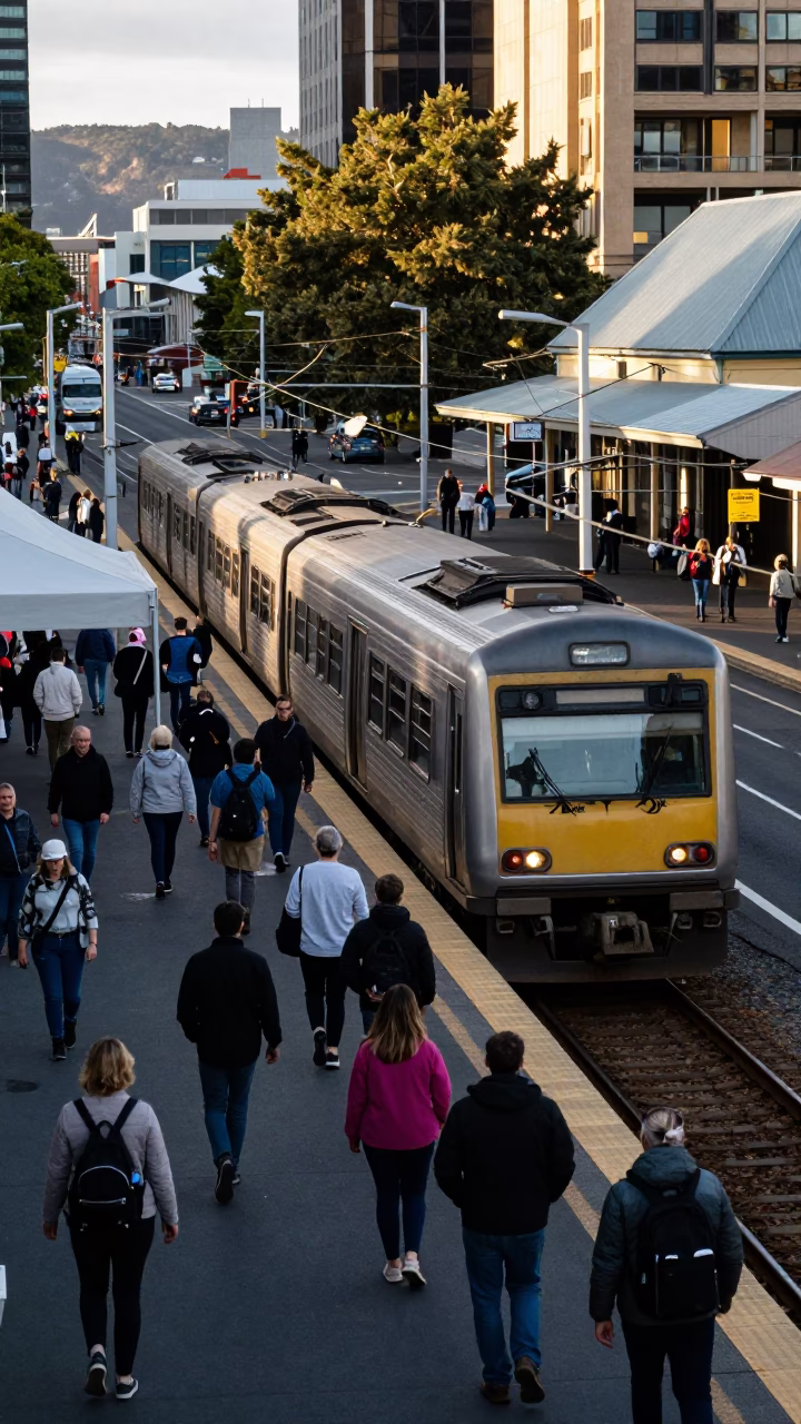 Busy Hobart Street Scene with Commuter Train and Local Shops in Early Afternoon in in Hobart, Tasmania, Australia