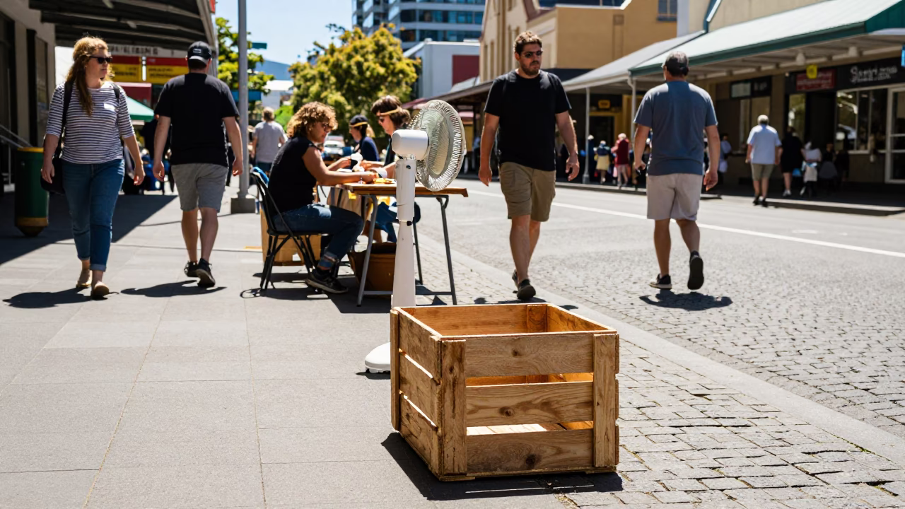 Busy Hobart Street Scene with Crate and Table Fan Midday in in Hobart, Tasmania, Australia