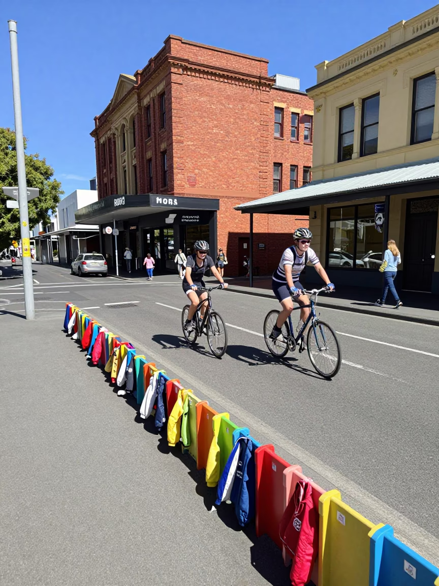 Busy Hobart Street Scene with Cyclist and Preschool Cubby Wall in Bright Midmorning Light in in Hobart, Tasmania, Australia