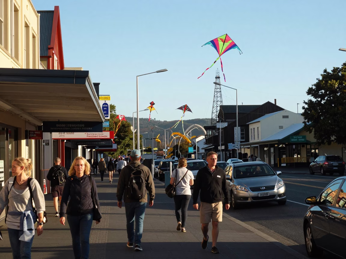 Busy Hobart Street Scene with Kites and Industrial Rail Catenary in Late Afternoon Light in in Hobart, Tasmania, Australia