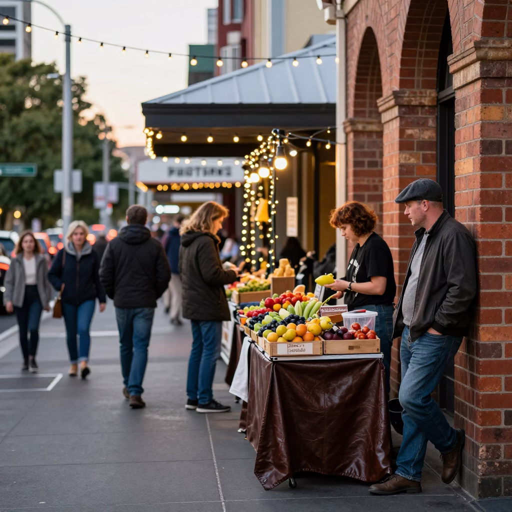 Busy Hobart Street Scene with String Lights and Leather Basketball in Early Afternoon Light in in Hobart, Tasmania, Australia