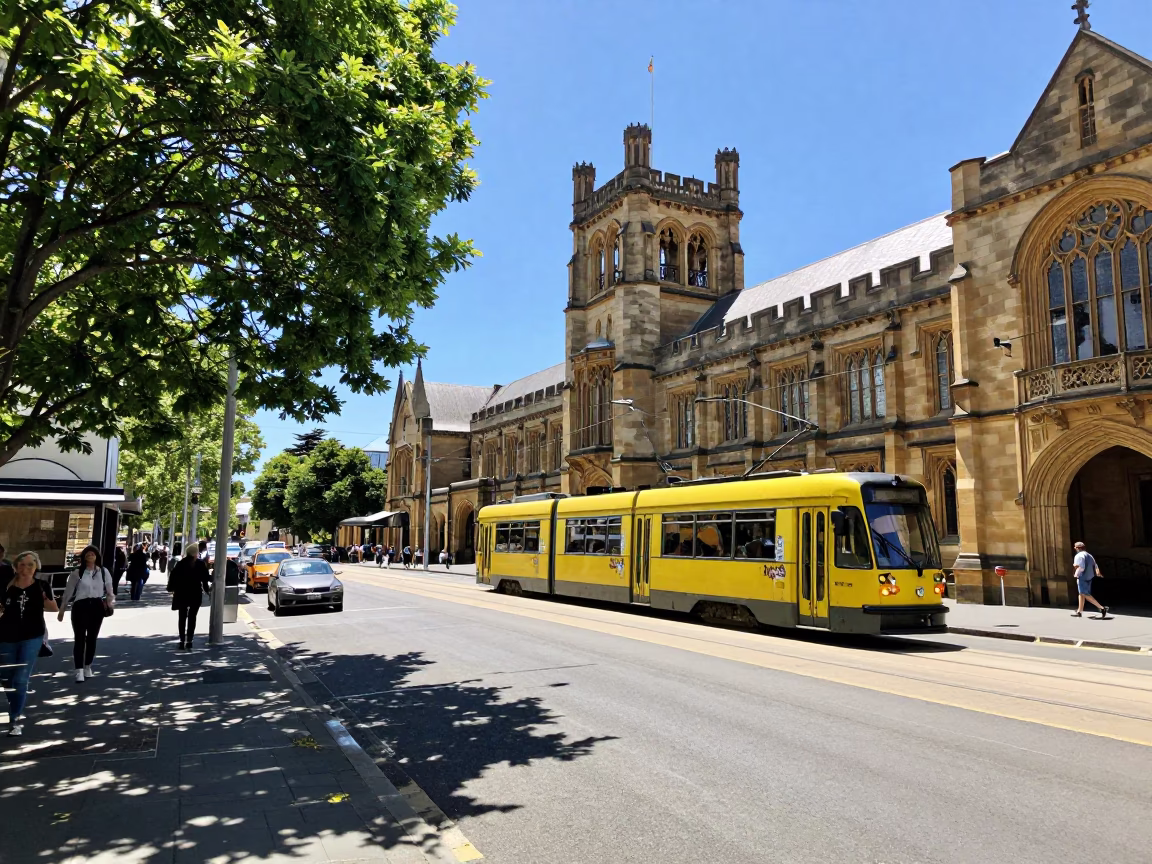 Busy Hobart Street Scene with Tramcar and University Cloister in Bright Midmorning Light in in Hobart, Tasmania, Australia