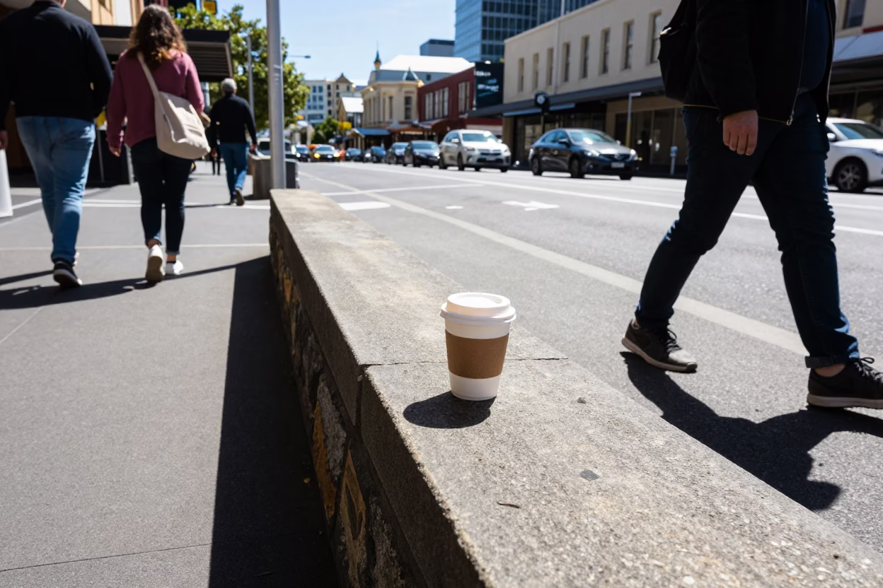 Busy Hobart Street Scene with Turnbuckle and Cup in Bright Midmorning Light in in Hobart, Tasmania, Australia