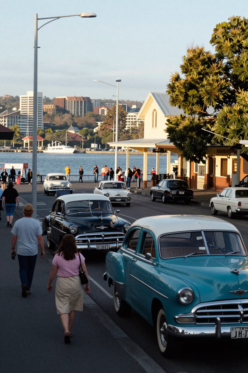 Busy Hobart Street Scene with Vintage 1950s Cars and Pedestrians in in Hobart, Tasmania, Australia