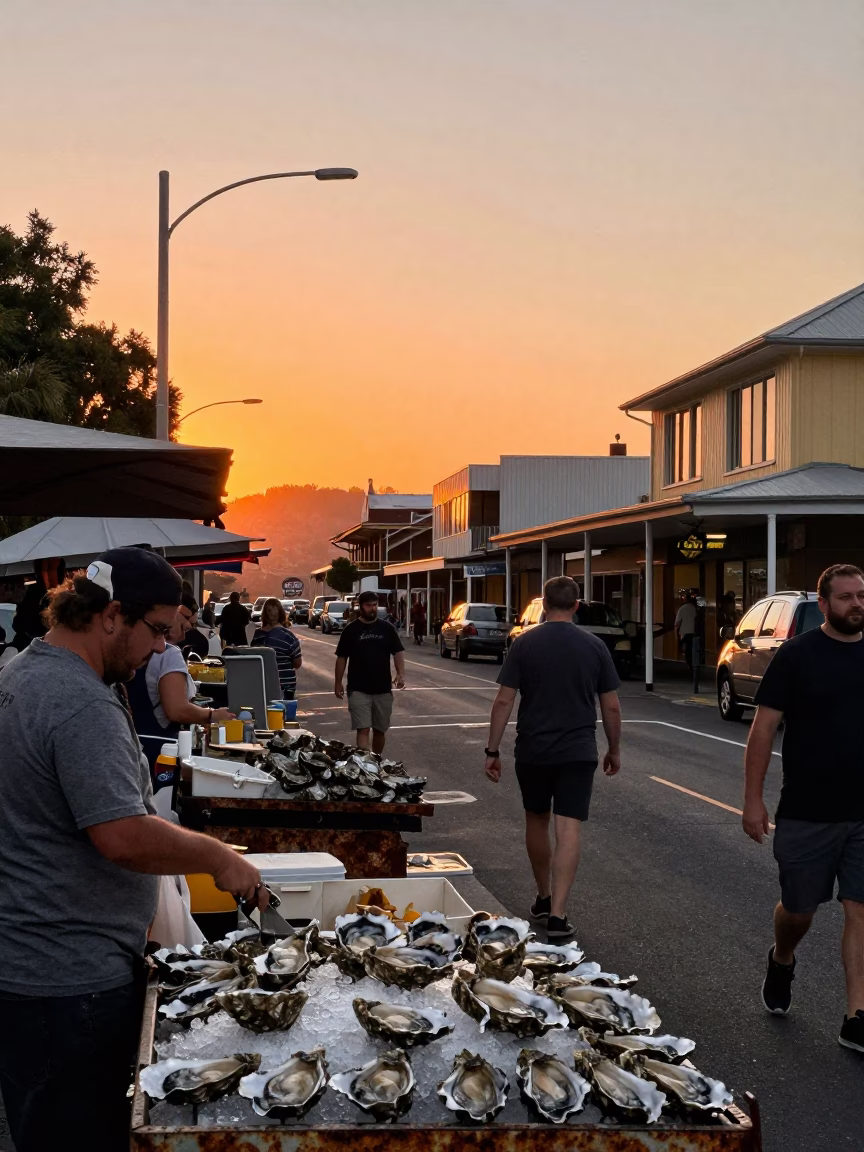 Busy Hobart Sunset Street Scene with Oysters and Rusted Drawbridge in Tasmania in in Hobart, Tasmania, Australia