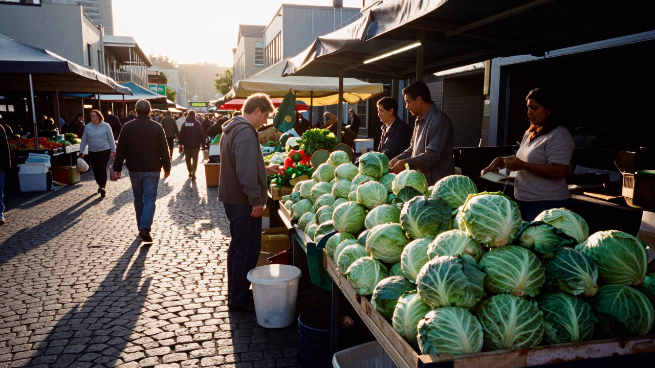 Busy Hobart Tasmania Late Afternoon Street Scene with Cabbages and Local Market Activity in in Hobart, Tasmania, Australia