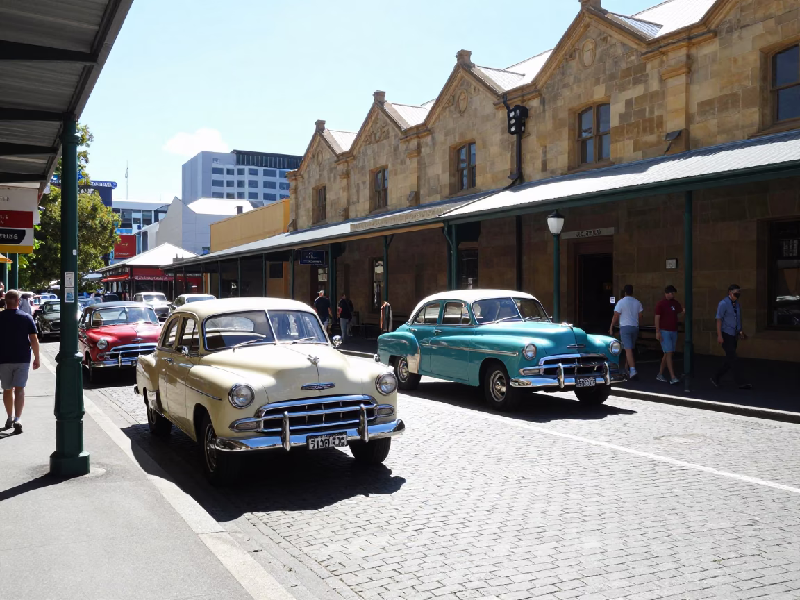 Busy Hobart Tasmania Midmorning Street Scene with Vintage Cars and Local Market Activity in in Hobart, Tasmania, Australia