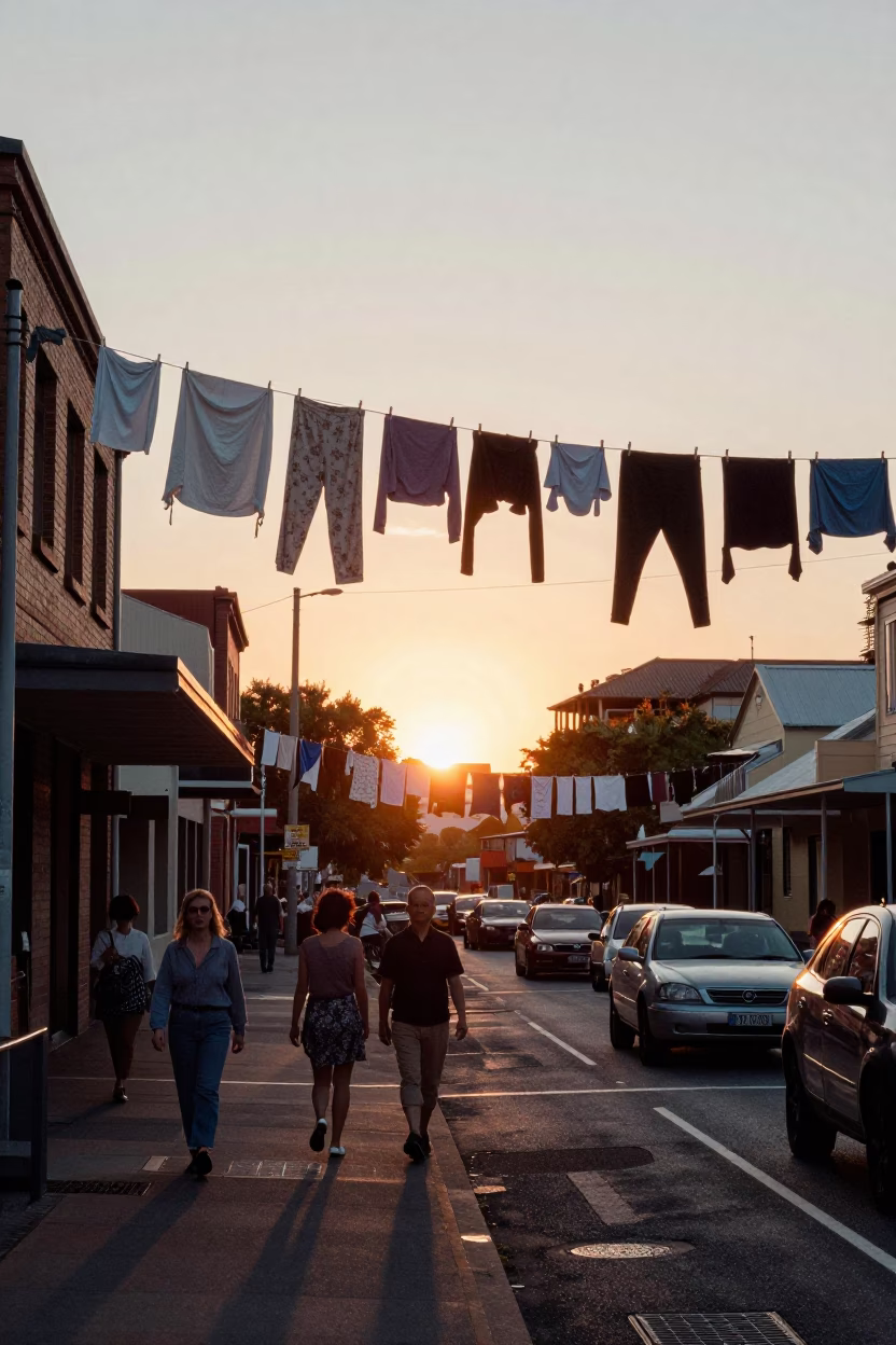 Busy Hobart Tasmania Street Scene at Sunset with Clothesline and District Heating Pipes in in Hobart, Tasmania, Australia