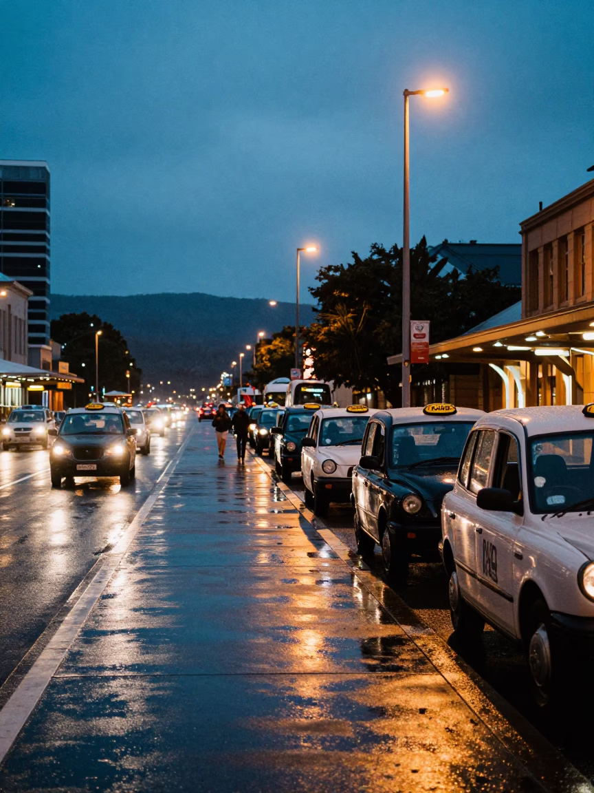 Busy Hobart Taxi Rank at Blue Hour with Vintage Cars and Wet Pavement Reflections in in Hobart, Tasmania, Australia