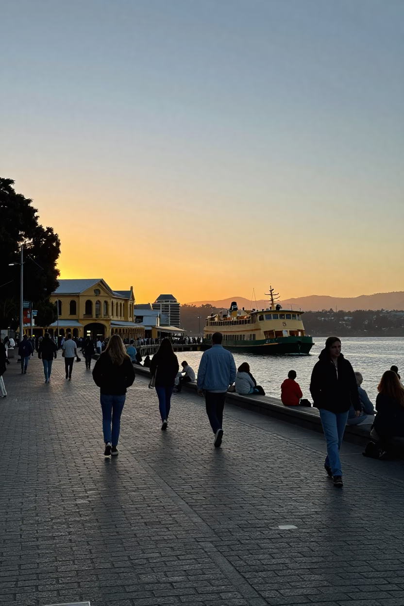 Busy Hobart waterfront evening scene with ferry and historic architecture in in Hobart, Tasmania, Australia