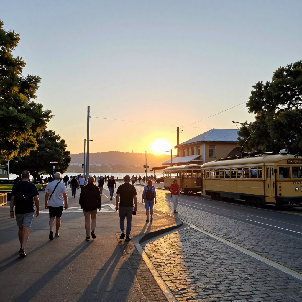 Busy Hobart waterfront street scene with tourists and trams at sunset in in Hobart, Tasmania, Australia