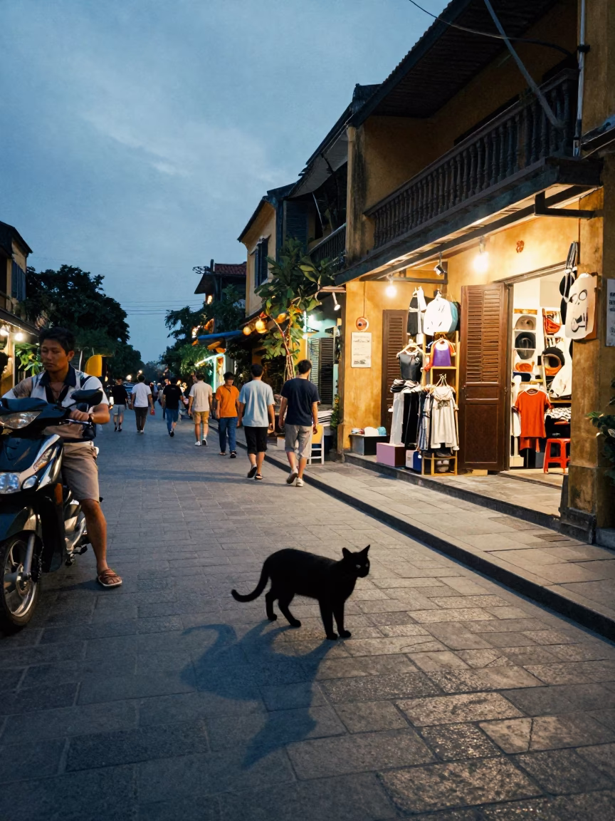 Busy Hoi An Evening Street Scene with Black Cat and Embroidery Hoop in in Hoi An, Vietnam