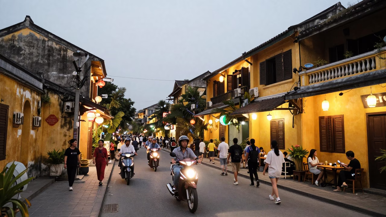 Busy Hoi An street scene at dusk with yellow colonial facades and hanging lanterns in in Hoi An, Vietnam