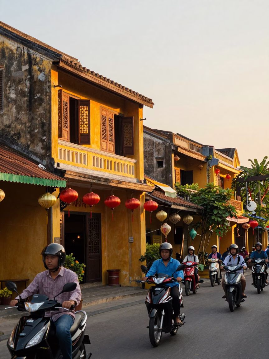 Busy Hoi An Street Scene at Sunset with Lanterns and Traditional Architecture in in Hoi An, Vietnam