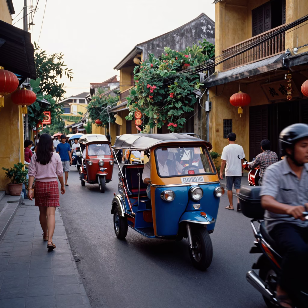 Busy Hoi An Street Scene Early Afternoon with Auto Rickshaw and Local Life in in Hoi An, Vietnam