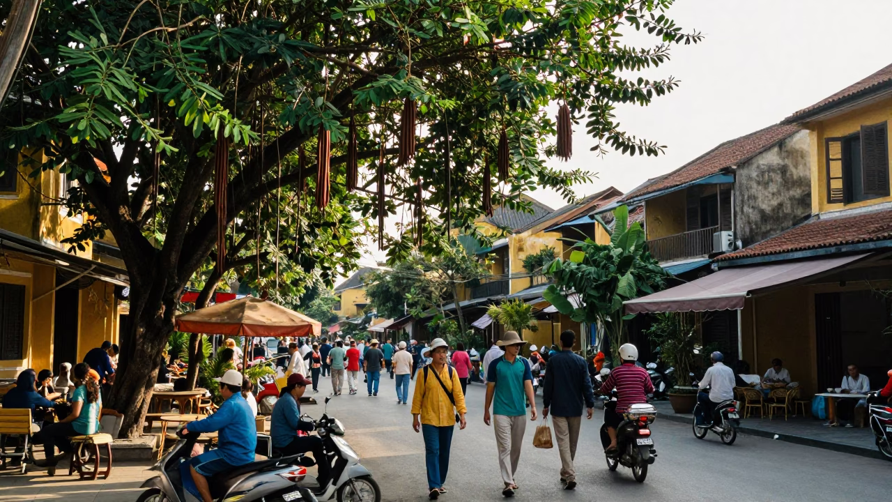 Busy Hoi An Street Scene Early Afternoon with Local Life and Tamarind Tree in in Hoi An, Vietnam