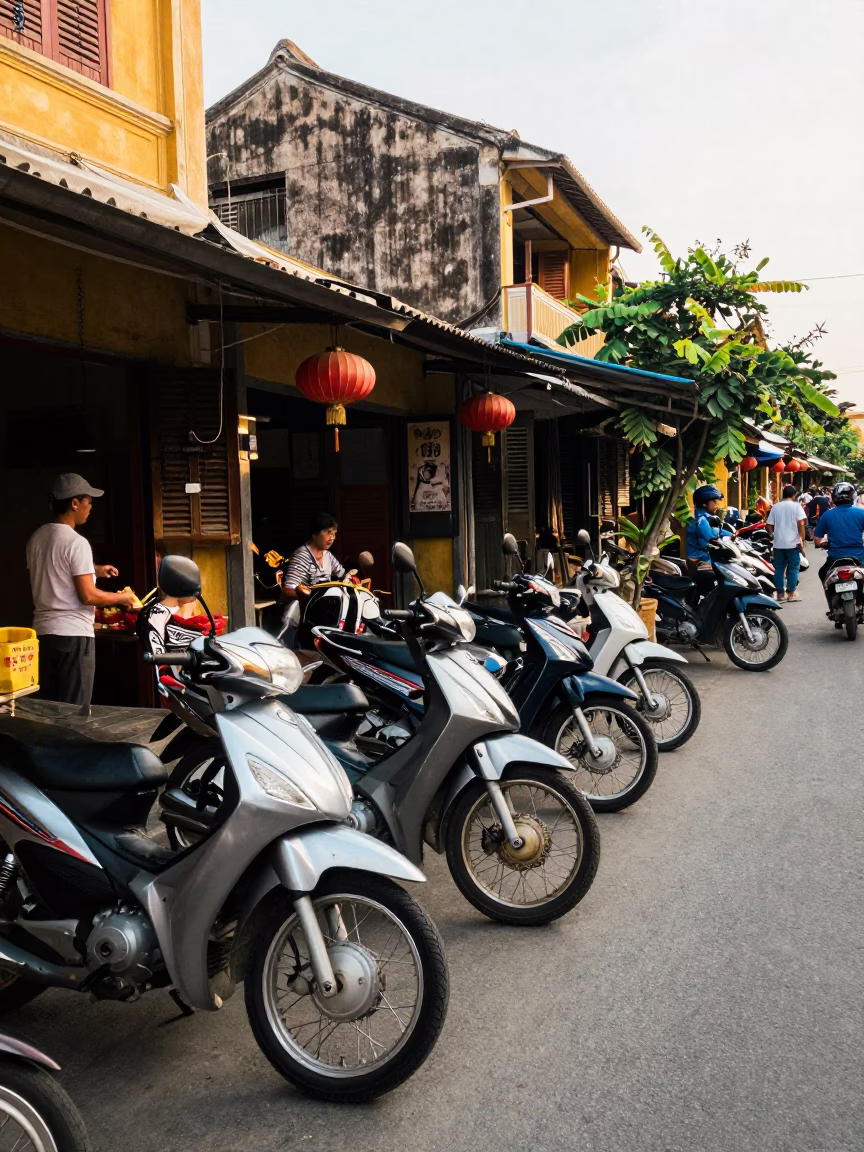Busy Hoi An Street Scene Early Afternoon with Motorcycles and Lanterns in in Hoi An, Vietnam
