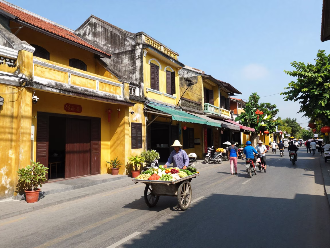 Busy Hoi An Street Scene with Sunlight Stripes and Local Commerce in in Hoi An, Vietnam