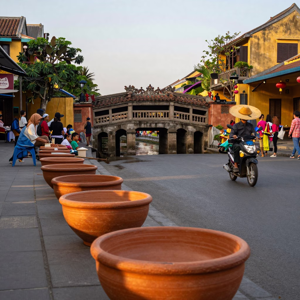 Busy Hoi An Street Scene with Terracotta Bowls and Bridge Piers in Evening Light in in Hoi An, Vietnam
