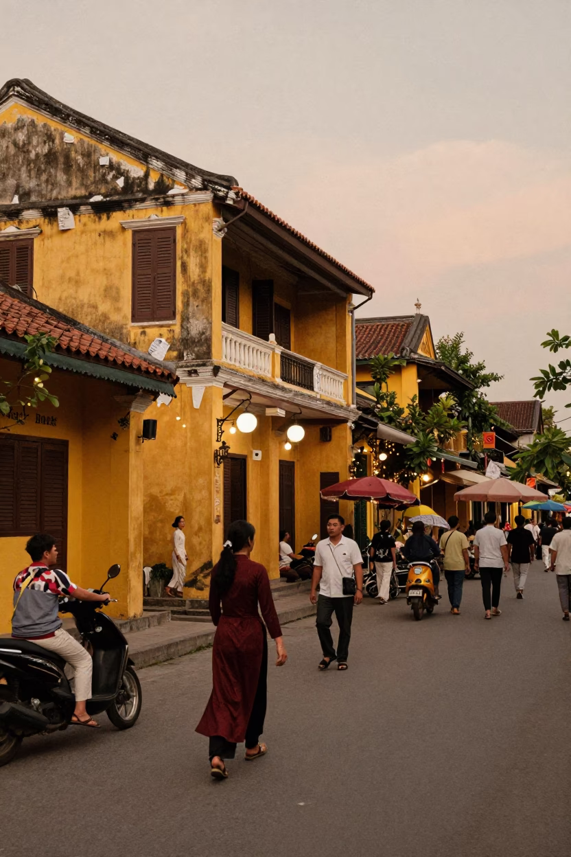 Busy Hoi An Street Scene with Yellow Buildings and Paper Lanterns Before Dusk in in Hoi An, Vietnam