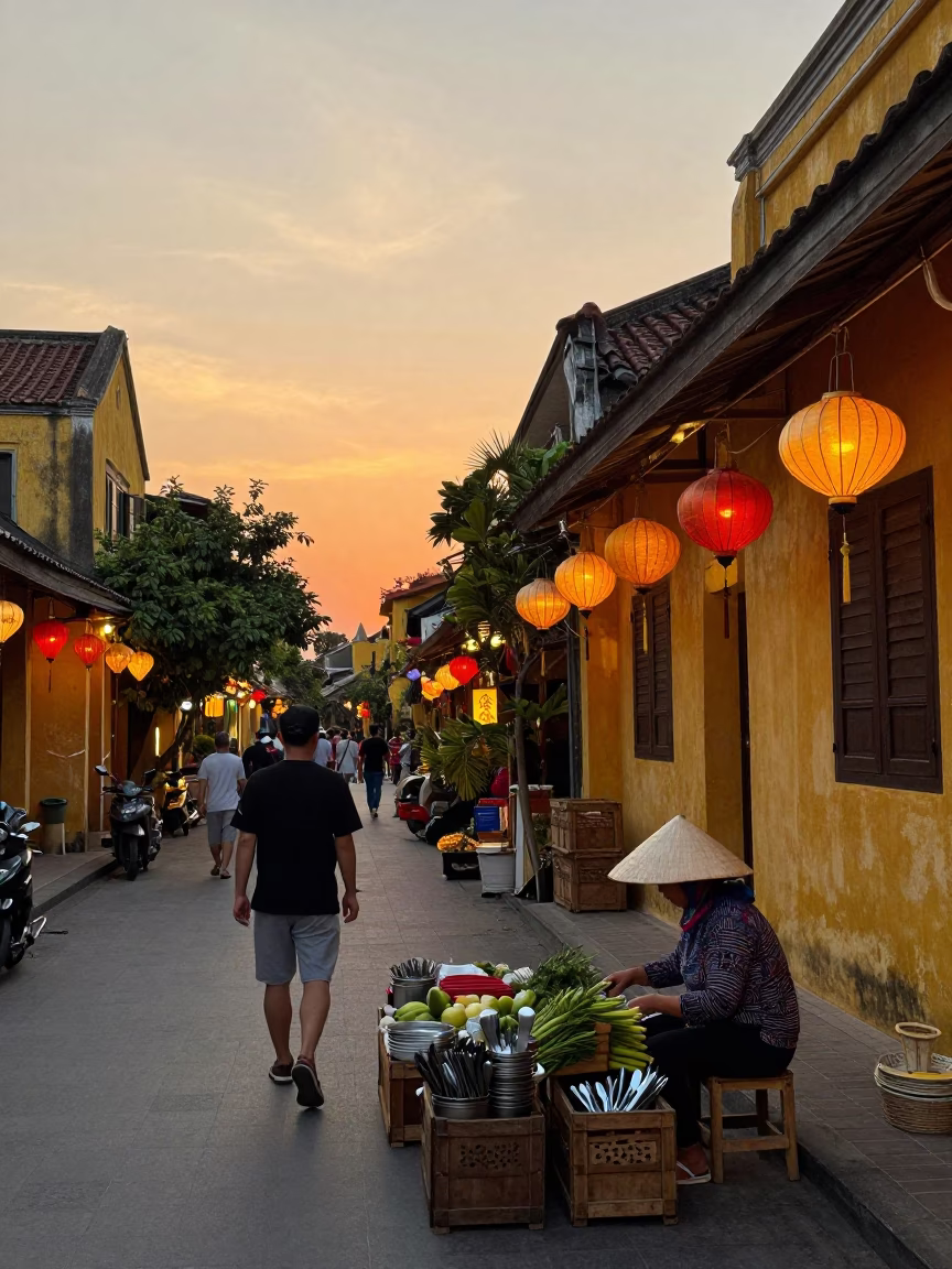 Busy Hoi An Vietnam Evening Street Scene with Lanterns and Local Life in in Hoi An, Vietnam