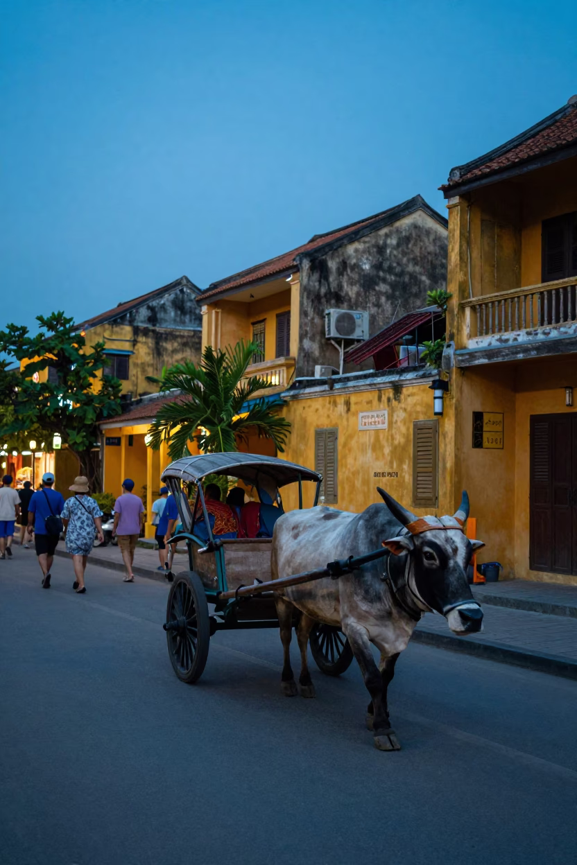 Busy Hoi An Vietnam Evening Street Scene with Ox Cart and Lanterns in in Hoi An, Vietnam