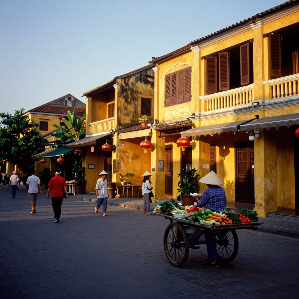 Busy Hoi An Vietnam Evening Street Scene with Yellow Buildings and Local Market Activity in in Hoi An, Vietnam