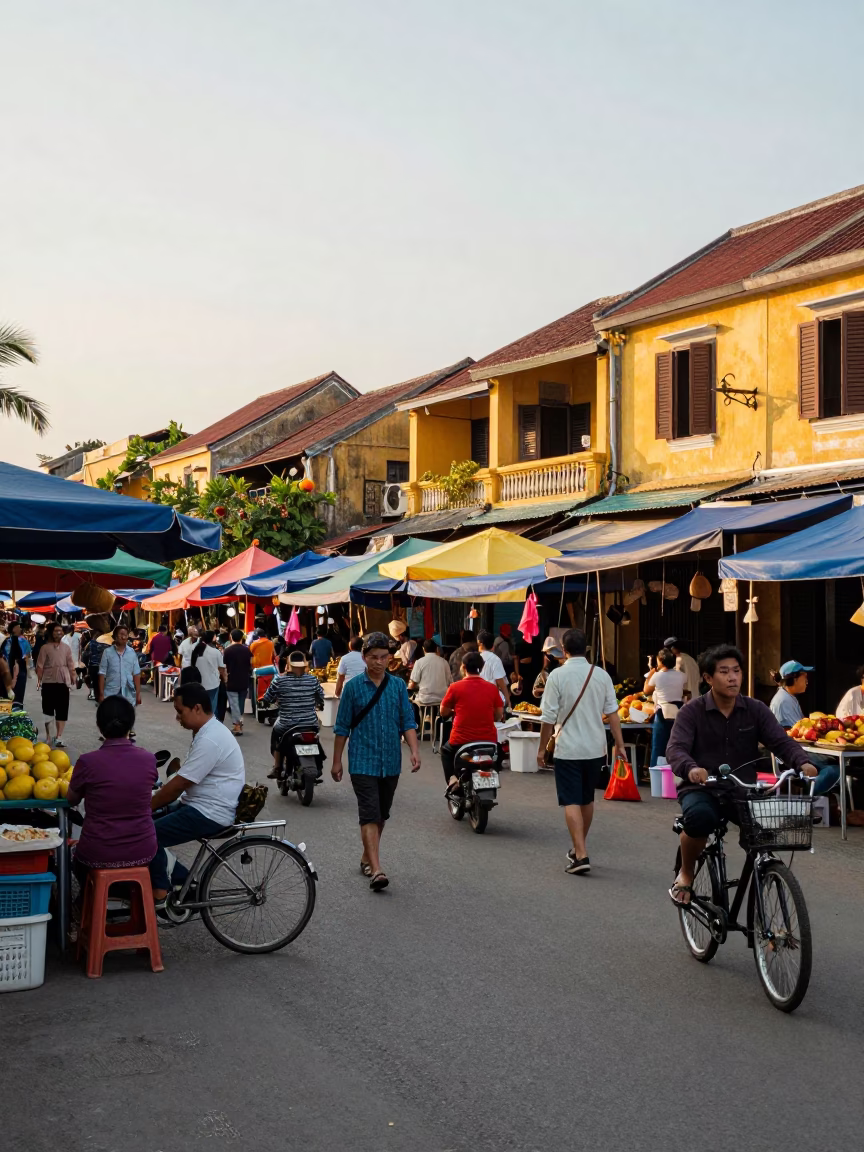 Busy Hoi An Vietnam Late Afternoon Street Scene with Colorful Market Activity in in Hoi An, Vietnam