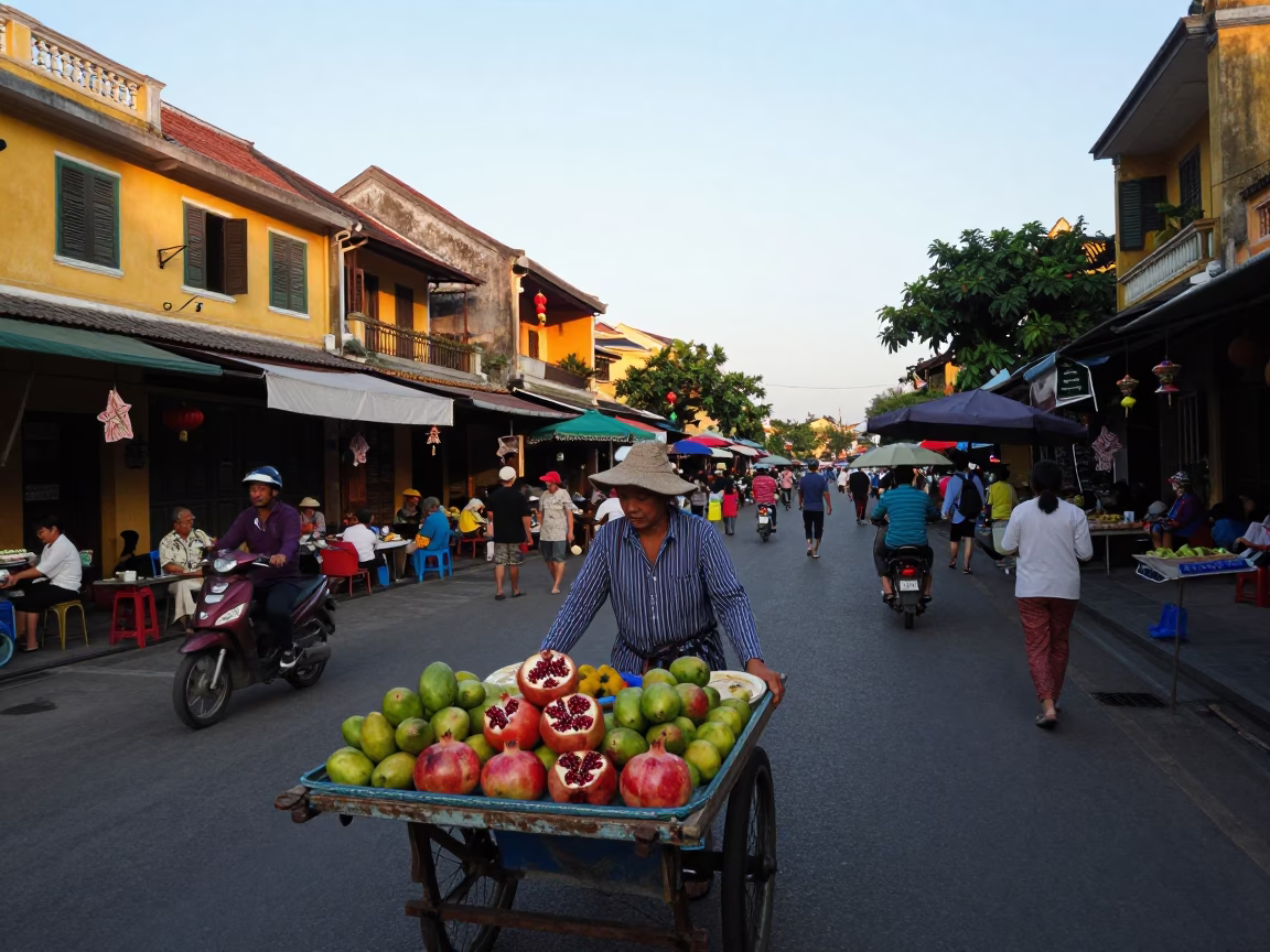 Busy Hoi An Vietnam street scene at dawn with vendors and heritage architecture in in Hoi An, Vietnam