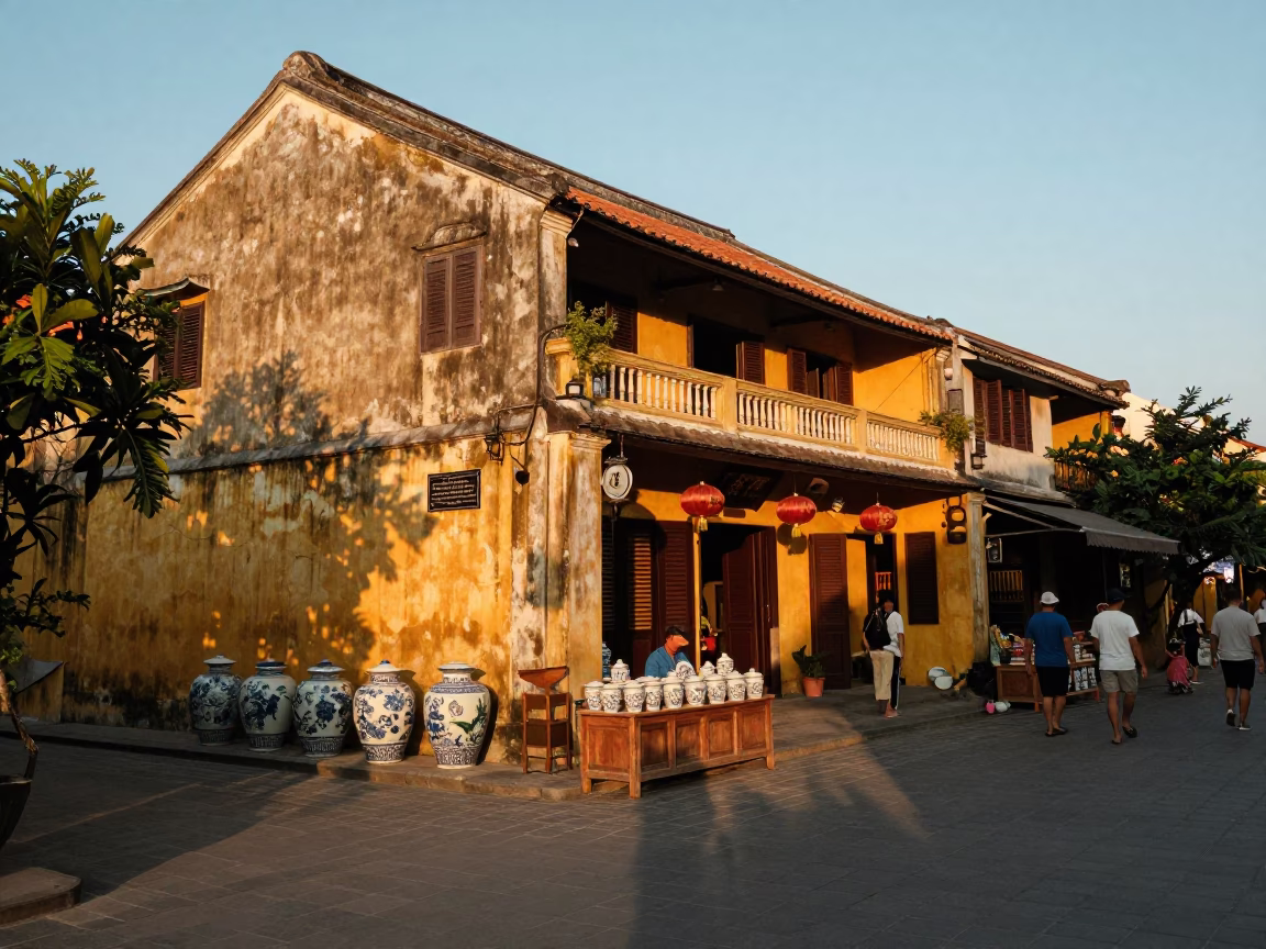 Busy Hoi An Vietnam Street Scene at Sunset with Porcelain Jars and Local Life in in Hoi An, Vietnam