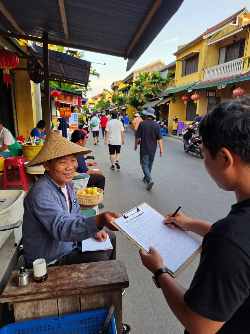 Busy Hoi An Vietnam Street Scene Early Afternoon with Clipboard and Local Interaction in in Hoi An, Vietnam