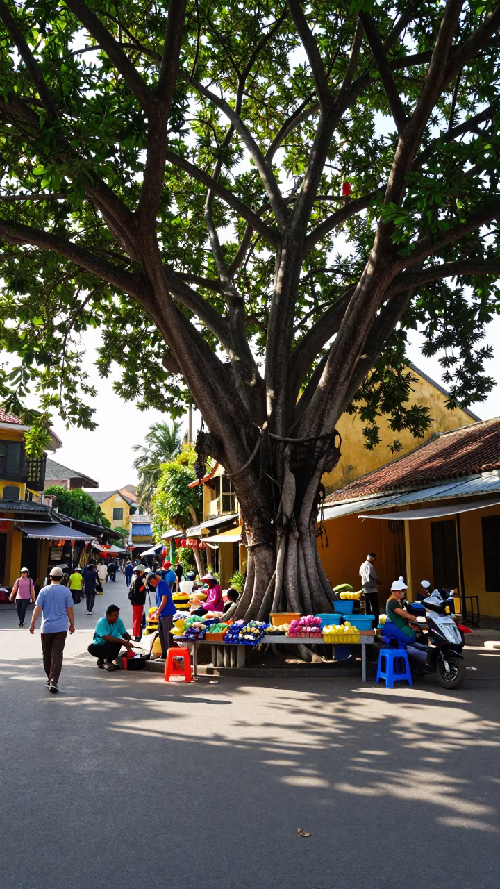 Busy Hoi An Vietnam Street Scene Early Afternoon with Kapok Tree and Local Life in in Hoi An, Vietnam