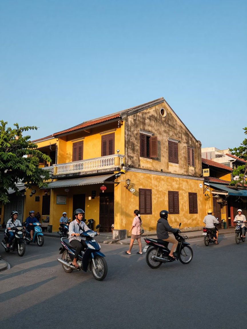Busy Hoi An Vietnam Street Scene Late Afternoon Light with Local Market Activity in in Hoi An, Vietnam