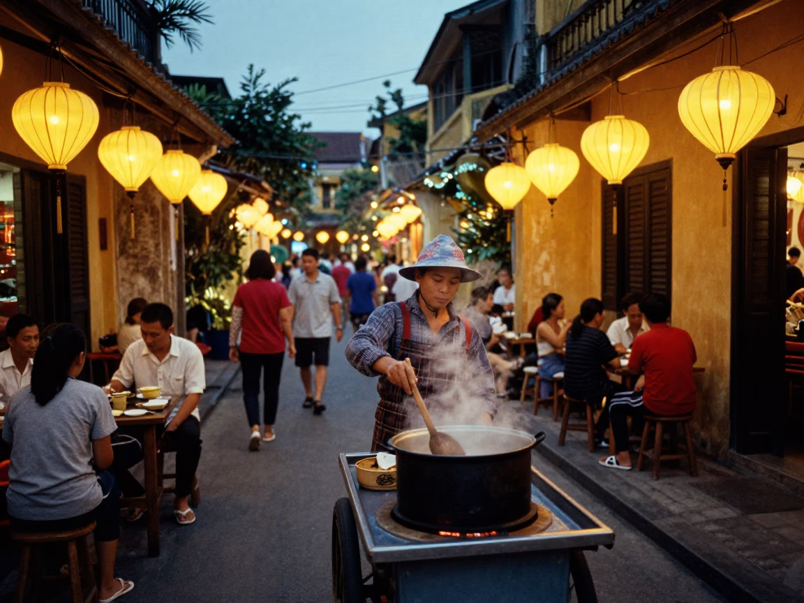 Busy Hoi An Vietnam street scene with lanterns and locals at dusk in in Hoi An, Vietnam