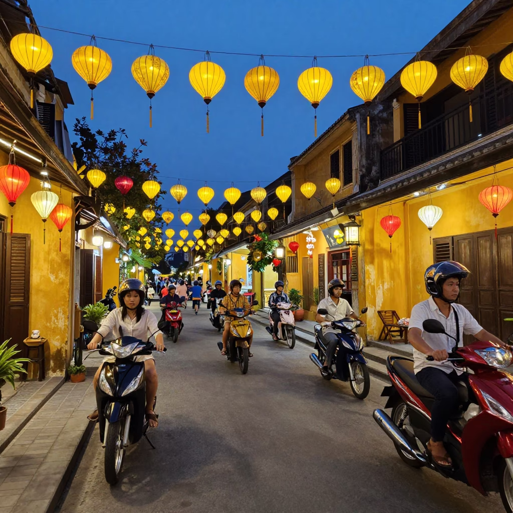 Busy Hoi An Vietnam street scene with lanterns and motorbikes at dusk in in Hoi An, Vietnam