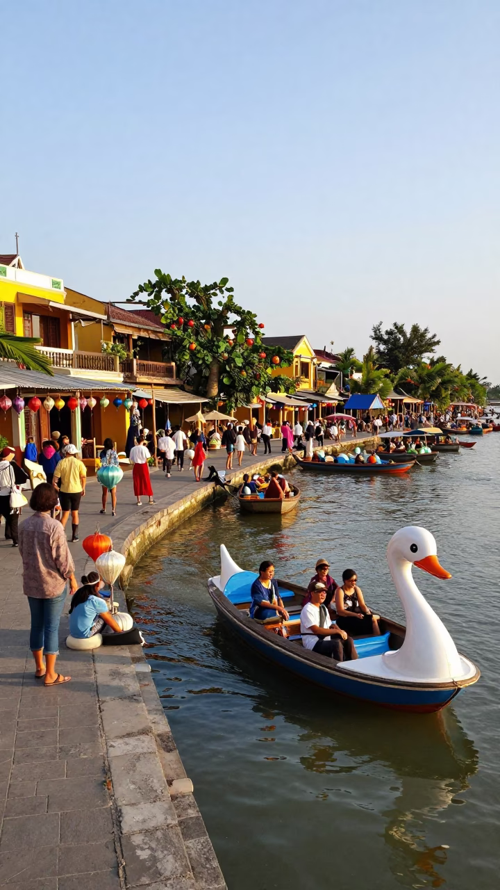 Busy Hoi An Vietnam Street Scene with Pedal Boats and Local Market Activity in in Hoi An, Vietnam