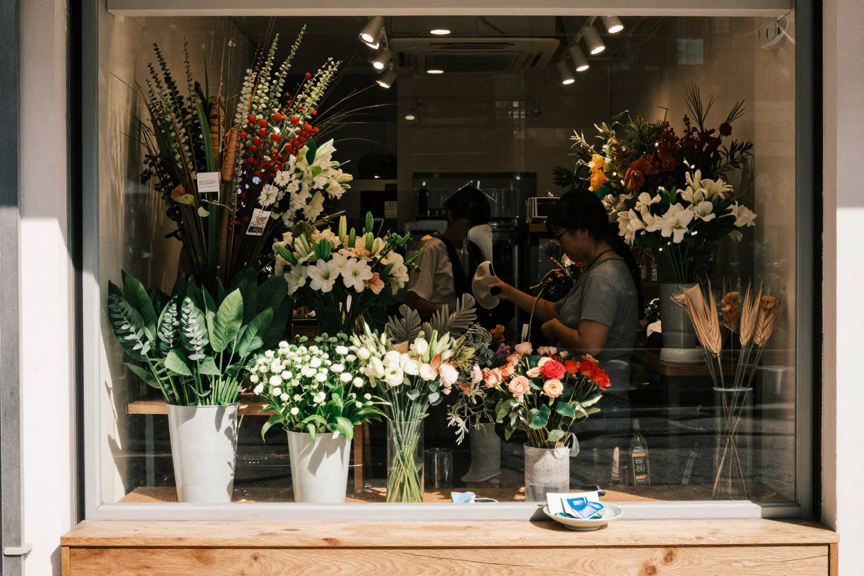 Busy Hong Kong Florist Shop Window Display Under Flat Noon Sunlight in in Hong Kong, Hong Kong