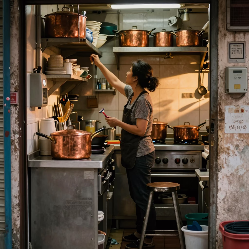 Busy Hong Kong Kitchen Late Afternoon with Copper Pots and Step Stool in in Hong Kong, Hong Kong
