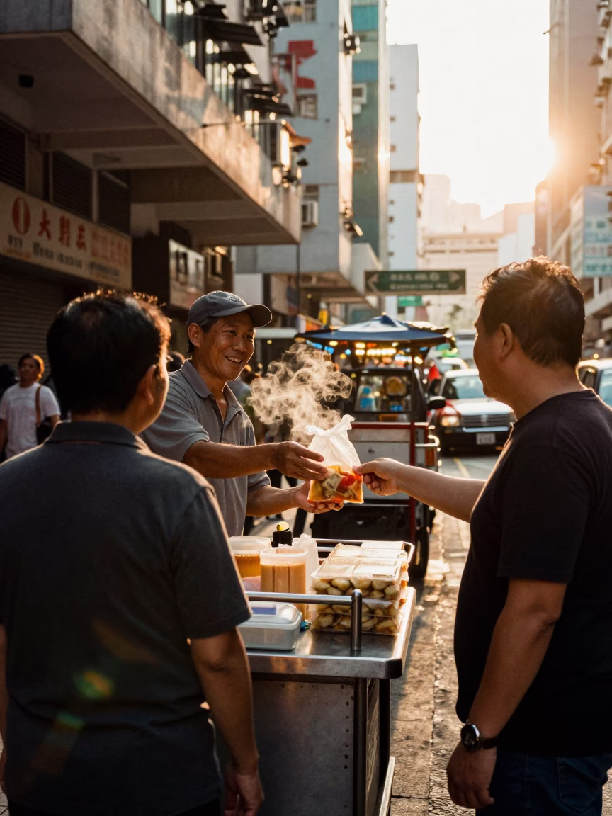 Busy Hong Kong Late Afternoon Street Scene with Street Vendor and Urban Life in in Hong Kong, Hong Kong